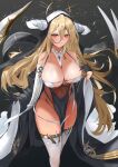  1girl absurdres azur_lane bare_shoulders between_breasts black_gloves blonde_hair breast_cutout breasts chunchilin cleavage covered_navel covered_nipples fake_horns from_above gloves habit hair_between_eyes half_gloves halo highres horns implacable_(azur_lane) large_breasts long_hair long_sleeves looking_at_viewer mechanical_halo no_panties nun pelvic_curtain red_eyes revealing_clothes solo thighhighs veil very_long_hair walking white_horns white_thighhighs wide_sleeves 