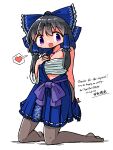  1girl :d arm_behind_back bare_shoulders black_hair blue_bow blue_dress blue_eyes blush bow breasts chest_sarashi cleavage commission dress floral_print frilled_hair_tubes frills full_body hair_bow hair_tubes hakurei_beimu hakurei_reimu hand_up heart highres jewelry kasuya_baian kneeling looking_at_viewer medium_breasts necklace no_shoes non-web_source open_mouth pantyhose pleated_skirt purple_bow purple_eyes sarashi simple_background single_strap skirt sleeves_past_elbows smile solo spoken_heart touhou white_background wide_sleeves 
