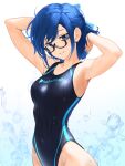  1girl a-chan_(hololive) absurdres arm_behind_head armpits black-framed_eyewear blue_bow blue_eyes blue_hair blue_one-piece_swimsuit bow breasts cohi27151463 commentary_request competition_swimsuit copyright_name glasses hair_bow hand_in_own_hair highleg highleg_swimsuit highres hololive logo looking_at_viewer medium_breasts one-piece_swimsuit parted_lips semi-rimless_eyewear short_hair smile solo swept_bangs swimsuit under-rim_eyewear virtual_youtuber water_drop wet wet_clothes wet_swimsuit 