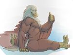  accipitrid accipitriform anthro avian avian_feet bald_eagle beak bird brown_body brown_feathers butt eagle feathered_arms feathers gesture looking_at_viewer looking_back looking_back_at_viewer male muscular muscular_anthro muscular_male nude rear_view rrowdybeast sea_eagle sitting solo spread_legs spreading tail_feathers thumbs_up 