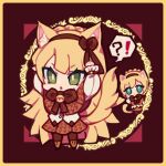  !? 1boy 1girl animal_ears aqua_eyes bell blonde_hair bright_pupils brown_capelet brown_hairband brown_pantyhose brown_ribbon brown_skirt capelet cat_boy cat_ears cat_girl cat_tail chibi chinese_commentary closed_mouth commentary_request er_hea green_eyes hair_ribbon hairband kemonomimi_mode lobotomy_corporation long_hair long_sleeves matching_outfit neck_bell neck_ribbon open_mouth pantyhose pleated_skirt project_moon ribbon shirt short_hair skirt smile speech_bubble spoken_interrobang sweat tail tiphereth_a_(project_moon) tiphereth_b_(project_moon) triangle_mouth white_pupils white_shirt 