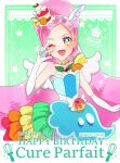  1girl blue_eyes blue_hairband brooch character_name cure_parfait dated dress earrings elbow_gloves food-themed_hair_ornament gloves green_background hair_ornament hairband jewelry kirahoshi_ciel kirakira_precure_a_la_mode long_hair looking_at_viewer magical_girl open_mouth parfait pink_hair pom_pom_(clothes) pom_pom_earrings ponytail precure rainbow_order smile solo tanshi_tanshi twitter_username white_gloves white_wings wide_ponytail wings 