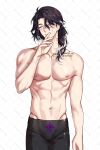  1boy abs black_hair eyewear_strap genshin_impact glasses hair_between_eyes highres long_hair male_focus male_swimwear multicolored_hair muscular muscular_male navel nipples one_eye_closed pantalone_(genshin_impact) purple_eyes rourouki smile solo topless_male white_hair 