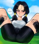  1girl ass bike_shorts black_gloves black_hair black_shorts blue_eyes blush cameltoe cleft_of_venus closed_mouth cloud collarbone dragon_ball dragon_ball_z fingerless_gloves fingernails forehead gloves grass hair_tubes hands_on_own_thighs highres knees_up loodncrood low_twintails m_legs outdoors presenting pursed_lips shirt shorts sideways_glance sitting skin_tight sky solo spread_legs thick_thighs thighs twintails uncensored videl white_shirt 