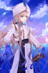  1boy androgynous blue_eyes blue_feathers blue_gloves blunt_bangs brown_hair buttons captain_nemo_(fate) cloud covered_navel eyelashes fate/grand_order fate_(series) feathers feet_out_of_frame gloves gradient_hair hat_feather highres kujiraoka long_hair long_sleeves male_focus multicolored_hair nemo_(fate) parted_lips solo turban water wavy_hair white_headwear 