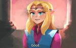  1girl 33dot blonde_hair blue_eyes blue_vest grin long_hair pointy_ears princess_zelda purple_shirt shirt smile solo subtitled teeth the_legend_of_zelda the_legend_of_zelda_(cd-i) vest 