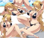  1girl arm_up armlet armpits beach bikini black_bikini blonde_hair blue_sky blush breast_rest breasts cleavage closed_mouth cloud cynthia_(pokemon) day grey_eyes grin hair_ornament hair_over_one_eye high_heels highres jewelry large_breasts long_hair looking_at_viewer multiple_views navel pendant pokemon pokemon_(game) pokemon_dppt shimure_(460) sitting sky smile stomach swimsuit thighs top-down_bottom-up very_long_hair 