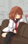  1girl amputee anchor_symbol black_sailor_collar black_skirt black_thighhighs blush brown_hair closed_mouth clothes_lift couch double_amputee hair_between_eyes hair_ornament hairclip highres ikazuchi_(kancolle) kantai_collection long_hair long_sleeves neckerchief on_couch po0000000000 red_neckerchief sailor_collar school_uniform serafuku shirt sidelocks sitting skirt skirt_lift thighhighs white_shirt 