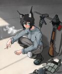  1girl absurdres animal_ears arbor_spirit artist_name black_hair blue_eyes double-barreled_shotgun fox_ears gun highres knife long_sleeves looking_at_viewer mask mask_removed original short_hair shotgun smoking solo squatting tobacco toz-34 weapon 