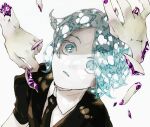  1other amethyst_(houseki_no_kuni) androgynous aqua_eyes aqua_hair black_necktie commentary cracked_skin crystal_hair dappled_sunlight falling from_above gem gem_uniform_(houseki_no_kuni) highres houseki_no_kuni looking_at_another looking_up mt5_014 necktie other_focus parted_bangs parted_lips phosphophyllite puffy_short_sleeves puffy_sleeves purple_gemstone purple_nails severed_finger severed_hand short_hair short_sleeves simple_background solo_focus sunlight surprised symbol-only_commentary upper_body white_background 