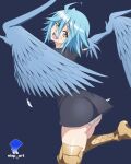  1girl :d absurdres ahoge aqua_hair ass bird_legs black_dress blue_background blue_feathers blue_wings commentary cowboy_shot dress feathered_wings feathers from_side hair_between_eyes hands_up harpy highres leg_up looking_at_viewer looking_back medium_hair monster_girl monster_musume_no_iru_nichijou nisp_art outstretched_arms panties papi_(monster_musume) russian_commentary smile solo spread_arms talons underwear white_panties winged_arms wings yellow_eyes 