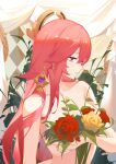  1girl absurdres commentary_request earrings floppy_ears flower flower_censor genshin_impact highres holding holding_flower jewelry long_hair nude parted_lips pink_hair purple_eyes red_flower red_rose rose solo upper_body very_long_hair yae_miko ye_daidai yellow_flower yellow_rose 