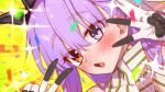  1girl bare_shoulders blush breasts confetti double_v dress elbow_gloves emotional_engine_-_full_drive fate/extra fate/extra_ccc fate/extra_ccc_fox_tail fate/grand_order fate_(series) flower gloves hair_flower hair_ornament hair_ribbon heterochromia highres horns kingprotea_(fate) kingprotea_(third_ascension)_(fate) long_hair looking_at_viewer mitsurugi_sugar open_mouth orange_eyes purple_eyes purple_hair ribbon small_breasts sparkle striped striped_dress striped_gloves v very_long_hair white_dress white_gloves white_ribbon 
