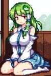  1girl ai-generated bare_shoulders breasts closed_mouth detached_sleeves frog_hair_ornament green_eyes green_hair hair_between_eyes hair_ornament hair_tubes image_sample japanese_clothes kochiya_sanae large_breasts long_hair nontraditional_miko pixel_art snake_hair_ornament solo touhou wide_sleeves yuitia 