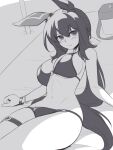  1girl admire_vega_(umamusume) animal_ears bikini braid breasts cleavage cowboy_shot ear_covers greyscale horse_ears horse_girl horse_tail large_breasts long_hair looking_at_viewer monochrome o-ring o-ring_top pataneet single_ear_cover solo swimsuit tail thigh_strap umamusume 