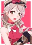  1girl :d absurdres black_gloves fire_emblem fire_emblem_engage framme_(fire_emblem) gloves grey_hair hat hat_ribbon highres long_hair looking_at_viewer open_mouth own_hands_clasped own_hands_together ribbon scarf smile solo to_(tototo_tk) yellow_eyes 