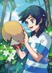  1boy :d black_hair blue_eyes bush cloud commentary day elio_(pokemon) from_side hands_up highres holding holding_pokemon kienai_11 male_focus open_mouth outdoors palm_tree pokemon pokemon_(creature) pokemon_(game) pokemon_sm rowlet shirt short_sleeves sky smile striped striped_shirt symbol-only_commentary t-shirt teeth tongue tree twitter_username watermark 