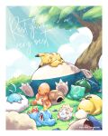  border bulbasaur charmander claws closed_eyes cloud commentary_request day grass highres kelvin-trainerk lying no_humans outdoors pikachu pokemon pokemon_(creature) psyduck sky sleeping snorlax spheal squirtle swablu togepi totodile tree twitter_username white_border 