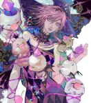  1girl 6+others amano_yoshitaka_(style) argyle asymmetrical_hair final_fantasy final_fantasy_xiii lightning_farron lightning_returns:_final_fantasy_xiii looking_at_viewer moogle multiple_others official_alternate_costume pink_hair purple_ribbon ribbon saprophilous strapless sweatdrop whiskers wings 