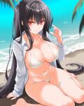  1girl azur_lane beach bikini black_hair breasts closed_mouth day engo_(aquawatery) hand_up highres large_breasts long_hair navel one_side_up outdoors red_eyes shirt sitting smile solo stomach swimsuit taihou_(azur_lane) taihou_(seaside_daydreams)_(azur_lane) thigh_strap thighs very_long_hair wariza water white_bikini white_shirt 