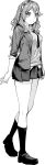  1girl absurdres breasts commentary_request full_body greyscale hairband highres jacket loafers medium_breasts menea miniskirt monochrome necktie original pleated_skirt school_uniform shoes skirt sleeves_rolled_up socks solo 