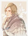  1boy absurdres armor artist_name blonde_hair brown_eyes chainmail closed_mouth dion_lesage final_fantasy final_fantasy_xvi floral_background frilled_sleeves frills highres jeangreycg looking_at_viewer male_focus medium_hair portrait shirt shoulder_armor solo swept_bangs twitter_username white_shirt 