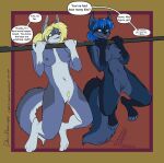  absurd_res anthro blonde_hair blue_body blue_fur breasts canid canine canis charity_cross commandercross duo exercise female fur genitals hair hi_res mammal middy_(midnightlighty) navel navel_piercing piercing pussy wolf 