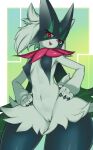  anthro breasts censored claws female finger_claws generation_9_pokemon genitals hand_on_hip hi_res looking_at_viewer meowscarada mosaic_censorship nintendo open_mouth pochincoff pokemon pokemon_(species) pussy red_eyes simple_background small_breasts solo 