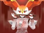  ambiguous_gender anthro blood blood_on_face blood_on_fur blood_on_hand bodily_fluids braixen chef_uniform chest_tuft fur generation_6_pokemon library_of_ruina limbus_company looking_at_viewer nintendo pierre_(library_of_ruina) pokemon pokemon_(species) project_moon red_eyes ryoshu_(limbus_company) shangxia shirt_pocket simple_background smile solo stick tuft white_body white_fur wooden_stick 