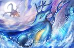  animal_focus blue_skin colored_skin commentary_request dragon dragon_wings dragonite fins fish glowing glowing_eyes kingdra nanami_lusia no_humans orange_skin pokemon pokemon_(creature) red_eyes seahorse splashing tail water watermark wings 