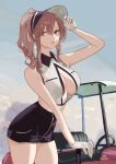  1girl arm_up azur_lane bare_shoulders black_headwear black_skirt blue_sky breasts brown_hair cleavage clemenceau_(azur_lane) clemenceau_(splendid_breeze)_(azur_lane) closed_mouth cloud collarbone collared_shirt commentary_request cowboy_shot crescent crescent_earrings crop_top day earrings gloves golf_cart golf_club hair_between_eyes highres holding holding_golf_club jewelry large_breasts long_hair looking_to_the_side midriff minus-low motor_vehicle official_alternate_costume outdoors partial_commentary pencil_skirt red_eyes shirt sidelocks signature skirt sky sleeveless sleeveless_shirt solo standing twitter_username visor_cap white_gloves white_shirt 