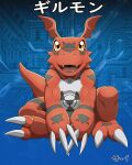  2022 2_toes ambiguous_gender bandai_namco claws digimon digimon_(species) digital_media_(artwork) dinosaur facial_markings feet guilmon happy head_markings head_wings hi_res japanese_text looking_at_viewer markings open_mouth open_smile red_body red_skin reptile scalie shadowninja976 sitting smile solo tail teeth text toe_claws toes tongue white_claws wings yellow_eyes 