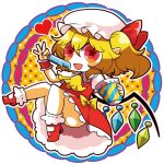  1girl blonde_hair bobby_socks chibi collared_shirt cup drinking_straw flandre_scarlet food frilled_shirt_collar frilled_skirt frilled_sleeves frills full_body hat high_heels holding holding_cup holding_food holding_popsicle mary_janes medium_hair mob_cap multicolored_wings one_side_up open_mouth pointy_ears popsicle puffy_short_sleeves puffy_sleeves red_eyes red_footwear red_skirt red_vest shirt shoes short_sleeves skirt skirt_set socks solo star-shaped_pupils star_(symbol) surigoma symbol-shaped_pupils touhou vest white_headwear white_shirt white_socks wings wrist_cuffs 