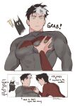  2boys bara batman_(series) black_hair black_shirt brothers dc_comics english_text grabbing green_eyes highres jason_todd large_pectorals male_focus multicolored_hair multiple_boys muscular muscular_male pectoral_grab pectoral_grab_(sibi2028) pectorals red_shirt shirt short_hair siblings tim_drake twitter_username two-tone_hair tyt_tham upper_body white_hair yaoi 