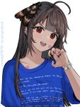  1girl ahoge animal_on_head artist_name bandaid bandaid_on_cheek bandaid_on_chest bandaid_on_face bandaid_on_hand black_nails blue_screen_of_death blue_shirt bracelet brown_hair bug claw_pose death&#039;s_head_hawkmoth english_commentary hand_up highres jewelry long_hair looking_at_viewer mole mole_under_eye moth nail_polish on_head open_mouth original red_eyes shirt short_sleeves simple_background straight_hair t-shirt upper_body vickie_(cryingrobot) vickie_(cryingrobot)_(character) white_background 