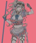  1girl :p aemono_(lemolemo_lmn) alternate_costume apron barbed_wire black_choker blue_bow blue_bowtie blue_eyes bow bowtie breasts broom brown_gloves choker danganronpa_(series) danganronpa_v3:_killing_harmony enmaided fingerless_gloves gloves goggles goggles_on_head grey_apron highres holding holding_broom iruma_miu large_breasts maid maid_headdress miniskirt o-ring pink_background pink_skirt ponytail puffy_short_sleeves puffy_sleeves short_sleeves simple_background skirt solo teeth tongue tongue_out upper_teeth_only waist_apron 