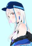  1girl bare_shoulders baseball_cap black_choker black_tank_top blue_background blue_hair blue_headwear blue_jacket blunt_bangs blush bubble_blowing chewing_gum choker colored_inner_hair ear_blush earrings hat highres jacket jewelry lize_helesta lize_helesta_(9th_costume) long_hair looking_at_viewer looking_to_the_side multicolored_hair nemui_ogi nijisanji off_shoulder partially_unzipped purple_eyes simple_background sketch solo tank_top two-tone_hair two_side_up very_long_hair virtual_youtuber white_hair white_tank_top zipper 