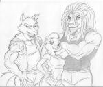  2016 alexander_(mash) anthro athletic athletic_female black_and_white bow_ribbon bra canid canine canis chochi clothing crossed_arms dreadlocks facial_hair felid female fur graphite_(artwork) group hand_on_hip hare hi_res lagomorph larger_male leporid lion looking_at_viewer male mammal mohawk monochrome muscular muscular_anthro muscular_male pantherine pencil_(artwork) seizobaru simple_background size_difference sleeveless_shirt smaller_female smile smiling_at_viewer sports_bra traditional_media_(artwork) trio underwear wolf 