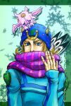  1boy animal_on_head beanie blonde_hair blue_eyes covering_mouth hat horseshoe_ornament johnny_joestar jojo_no_kimyou_na_bouken long_sleeves male_focus metamin_(memethah) official_alternate_costume official_style on_head pink_scarf purple_scarf scarf stand_(jojo) steel_ball_run striped striped_scarf tusk_(stand) tusk_act1 vertical-striped_scarf vertical_stripes 