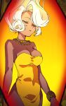  1girl bracelet breasts cleavage closed_eyes closed_mouth commentary_request cowboy_shot dark-skinned_female dark_skin dress frown ganeshia highres jewelry king_of_greed lobotomy_corporation medium_breasts multiple_necklaces necklace project_moon solo strapless strapless_dress white_hair yellow_dress 