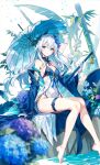 1girl bare_legs barefoot blue_eyes blue_flower blue_sleeves blurry blurry_foreground breasts cleavage detached_sleeves feet floating_hair flower foot_out_of_frame gefujin hair_between_eyes hat hat_flower highres holding hydrangea knees_together_feet_apart legs long_hair long_sleeves looking_at_viewer medium_breasts oil-paper_umbrella original parted_lips sideboob solo thigh_strap toes umbrella very_long_hair weapon white_hair 