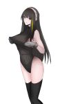  1girl black_hair breasts brown_eyes girls&#039;_frontline gloves highres leotard long_hair m4a1_(girls&#039;_frontline) open_mouth smile solo swavigg thighhighs white_background 