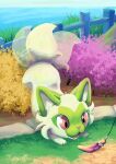 bush fence grass highres nakoo no_humans open_mouth outdoors pokemon pokemon_(creature) solo sprigatito tail tail_wagging toy water wooden_fence 