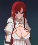  1girl arm_belt blue_background blue_eyes boudica_(fate) breasts cape cleavage cleavage_cutout closed_mouth clothing_cutout dress fate/grand_order fate_(series) gradient_background hair_between_eyes highres jason_kim juliet_sleeves large_breasts long_hair long_sleeves looking_at_viewer puffy_sleeves red_hair solo upper_body very_long_hair wet wet_hair white_dress 