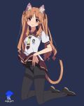  1girl absurdres animal_ears ano_natsu_de_matteru artist_name black_footwear black_pantyhose brown_hair cat_ears cat_girl cat_tail clothes_lift dark_background flat_chest full_body hair_ornament hair_ribbon highres kneeling light_blush long_hair looking_at_viewer midriff_peek necktie nervous nisp_art open_mouth pantyhose red_eyes ribbon school_swimsuit school_uniform serafuku shoes skirt skirt_lift solo swimsuit tail two_side_up yamano_remon 