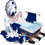  1girl ana_schariac bathtub broken_mirror candle grey_hair honkai_(series) honkai_impact_3rd ice long_hair mirror nude official_art partially_submerged purple_eyes single_thighhigh sitting thighhighs third-party_source transparent_background 