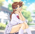  1girl :d blue_eyes blue_sky bow bowtie brown_hair building bush cloud collared_shirt eyelashes eyeshadow hands_up highres kneehighs knees_together_feet_apart long_hair makeup maria_grace_fleed mazinger_(series) miniskirt mizumori_keiichi open_mouth outdoors purple_eyeshadow red_bow red_bowtie school_uniform shirt sitting skirt sky smile socks solo teeth thighs tree ufo_robo_grendizer upper_teeth_only white_shirt white_skirt white_socks 