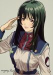  1girl black_hair buttons double-breasted ella_(macross_7) gradient_hair green_hair hair_between_eyes lips long_hair macross macross_7 military_uniform multicolored_hair red_eyes ryu_(masu_nantoka-san) salute smile solo u.n._spacy uniform upper_body 