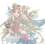  1girl artist_name blonde_hair blue_eyes clenched_teeth eteru fingernails holding holding_microphone league_of_legends light_particles long_hair looking_at_viewer microphone nail_polish navel ocean_song_seraphine official_alternate_costume official_alternate_hairstyle parted_bangs pink_nails seraphine_(league_of_legends) simple_background smile solo stomach sunglasses teeth upper_body v water white_background 