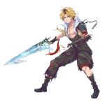  1boy black_footwear black_overalls blonde_hair blue_eyes boots crazy02oekaki final_fantasy final_fantasy_x gloves highres jewelry looking_at_viewer male_focus necklace overalls short_hair signature simple_background smile sword tidus weapon white_background 
